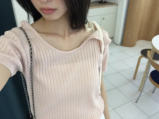 Summer Cool Knit Off-shoulder Ribbon Strap Short Sleeve Ribbed Knit Slim Fit Delicate Fit Balletcore Date Look