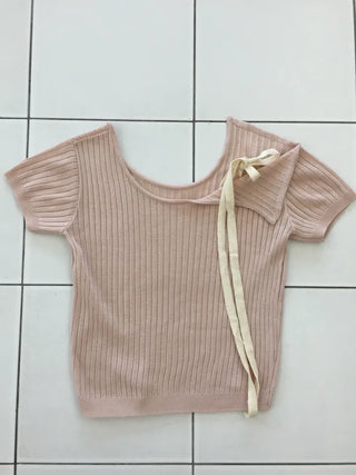 Summer Cool Knit Off-shoulder Ribbon Strap Short Sleeve Ribbed Knit Slim Fit Delicate Fit Balletcore Date Look