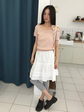 Summer Cool Knit Off-shoulder Ribbon Strap Short Sleeve Ribbed Knit Slim Fit Delicate Fit Balletcore Date Look