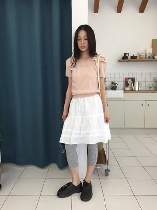 Summer Cool Knit Off-shoulder Ribbon Strap Short Sleeve Ribbed Knit Slim Fit Delicate Fit Balletcore Date Look