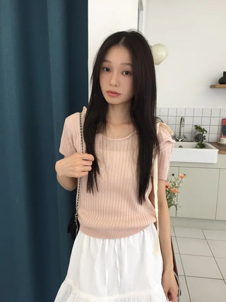 Summer Cool Knit Off-shoulder Ribbon Strap Short Sleeve Ribbed Knit Slim Fit Delicate Fit Balletcore Date Look