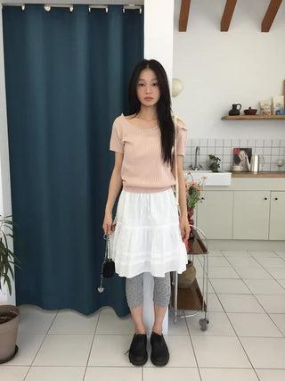 Summer Cool Knit Off-shoulder Ribbon Strap Short Sleeve Ribbed Knit Slim Fit Delicate Fit Balletcore Date Look