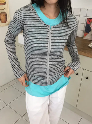 Summer striped zip-up hoodie, slim fit, cropped, sun-safe item, vacation look