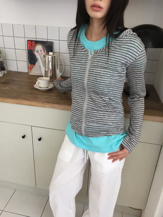 Summer striped zip-up hoodie, slim fit, cropped, sun-safe item, vacation look