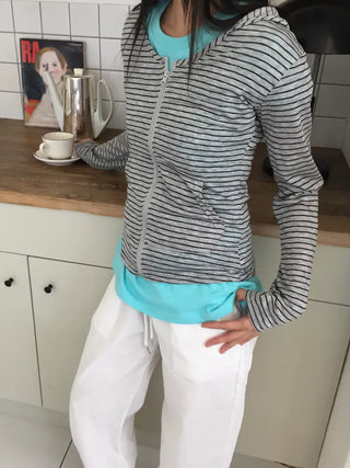 Summer striped zip-up hoodie, slim fit, cropped, sun-safe item, vacation look