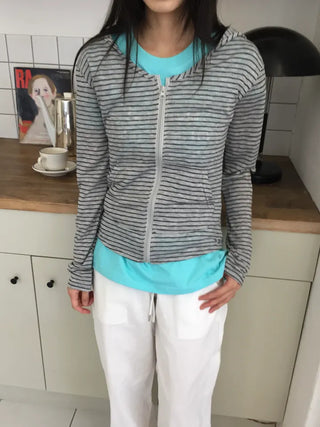 Summer striped zip-up hoodie, slim fit, cropped, sun-safe item, vacation look