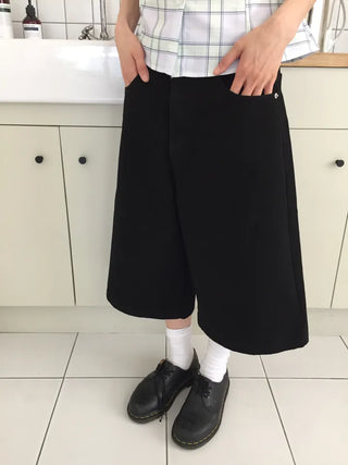 Summer Cotton Bermuda Pants Wide Fit Knee-length Skirt Pants Pintuck Boyfit Daily Look