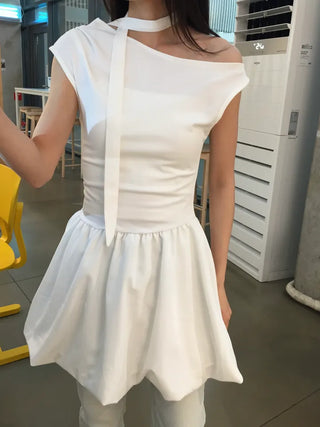 Summer Cotton Scarf Set Off-shoulder Mini Dress Balloon Fit Festival Party Unique Look
