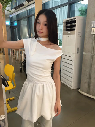 Summer Cotton Scarf Set Off-shoulder Mini Dress Balloon Fit Festival Party Unique Look