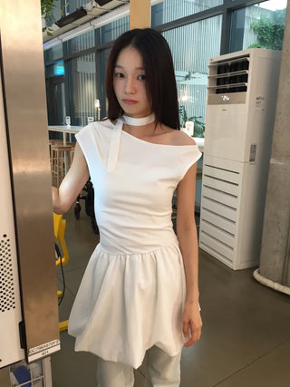 Summer Cotton Scarf Set Off-shoulder Mini Dress Balloon Fit Festival Party Unique Look