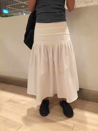 Summer Crinkly Pintuck Shirred Long Skirt A-line Flare Unique Daily Look Skirt