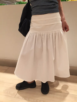 Summer Crinkly Pintuck Shirred Long Skirt A-line Flare Unique Daily Look Skirt