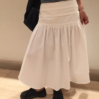 Summer Crinkly Pintuck Shirred Long Skirt A-line Flare Unique Daily Look Skirt