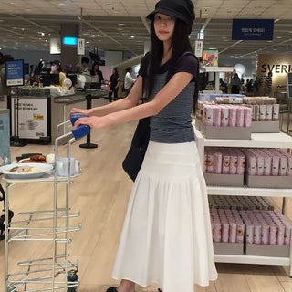 Summer Crinkly Pintuck Shirred Long Skirt A-line Flare Unique Daily Look Skirt