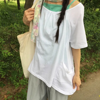 Summer Cotton Shirred Asymmetrical T-shirt Off-shoulder Loose Fit Y2K Fairy Layered Look Short Sleeve