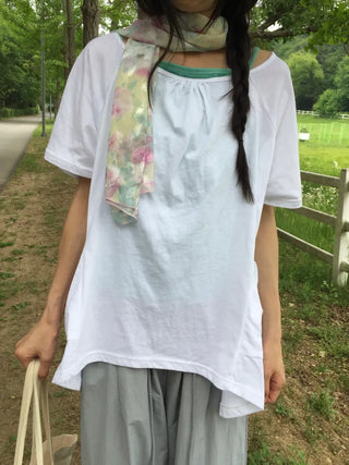 Summer Cotton Shirred Asymmetrical T-shirt Off-shoulder Loose Fit Y2K Fairy Layered Look Short Sleeve