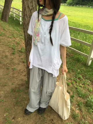 Summer Cotton Shirred Asymmetrical T-shirt Off-shoulder Loose Fit Y2K Fairy Layered Look Short Sleeve