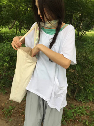 Summer Cotton Shirred Asymmetrical T-shirt Off-shoulder Loose Fit Y2K Fairy Layered Look Short Sleeve
