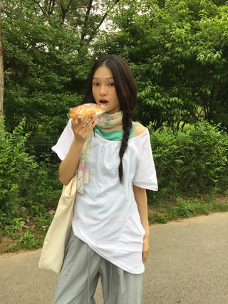 Summer Cotton Shirred Asymmetrical T-shirt Off-shoulder Loose Fit Y2K Fairy Layered Look Short Sleeve