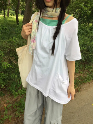 Summer Cotton Shirred Asymmetrical T-shirt Off-shoulder Loose Fit Y2K Fairy Layered Look Short Sleeve