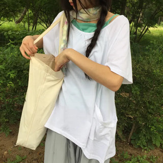 Summer Cotton Shirred Asymmetrical T-shirt Off-shoulder Loose Fit Y2K Fairy Layered Look Short Sleeve