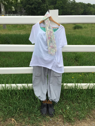 Summer Cotton Shirred Asymmetrical T-shirt Off-shoulder Loose Fit Y2K Fairy Layered Look Short Sleeve