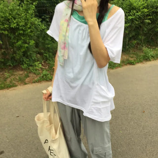 Summer Cotton Shirred Asymmetrical T-shirt Off-shoulder Loose Fit Y2K Fairy Layered Look Short Sleeve