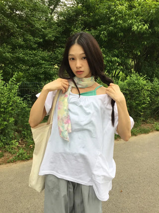 Summer Cotton Shirred Asymmetrical T-shirt Off-shoulder Loose Fit Y2K Fairy Layered Look Short Sleeve