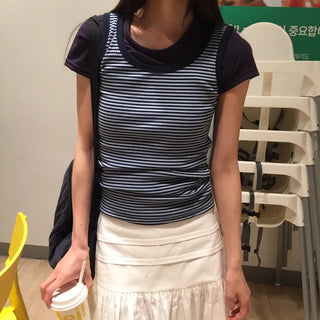 Summer Stretch Cotton Basic Short Sleeve T-shirt Slim Fit Semi-Crop Daily Casual Layering