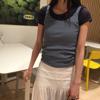 Summer Stretch Cotton Basic Short Sleeve T-shirt Slim Fit Semi-Crop Daily Casual Layering