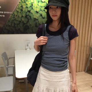 Summer Stretch Cotton Basic Short Sleeve T-shirt Slim Fit Semi-Crop Daily Casual Layering
