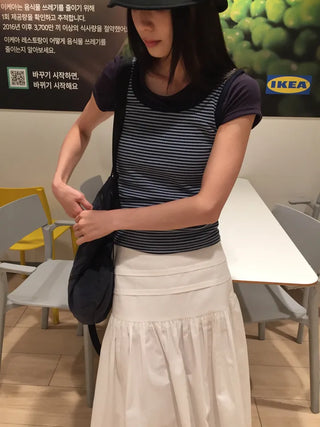 Summer Stretch Cotton Basic Short Sleeve T-shirt Slim Fit Semi-Crop Daily Casual Layering