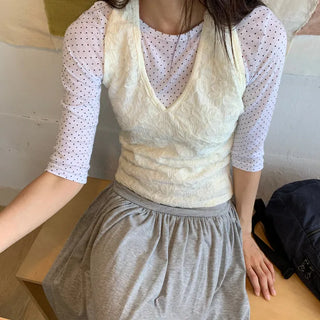 Summer See-through Dot Layered 34 Sleeve T-shirt Slim Fit Unique Date Look