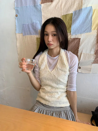 Summer See-through Dot Layered 34 Sleeve T-shirt Slim Fit Unique Date Look
