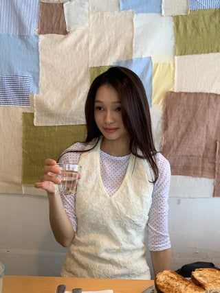 Summer See-through Dot Layered 34 Sleeve T-shirt Slim Fit Unique Date Look