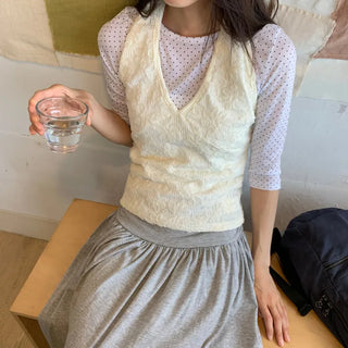 Summer See-through Dot Layered 34 Sleeve T-shirt Slim Fit Unique Date Look