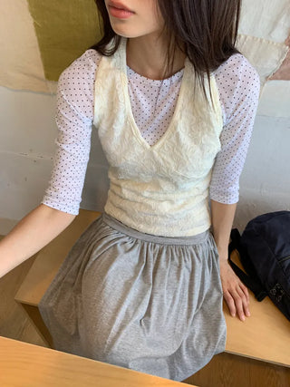 Summer See-through Dot Layered 34 Sleeve T-shirt Slim Fit Unique Date Look