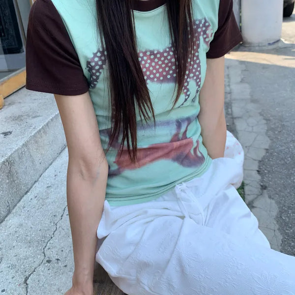 Summer Cotton Color Block Ringer Print Short Sleeve T-shirt Slim Fit Standard Length Vintage Kitsch Y2K Daily Look