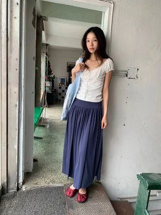 Summer flowy hip-shirred long skirt A-line flare balletcore outing daily look