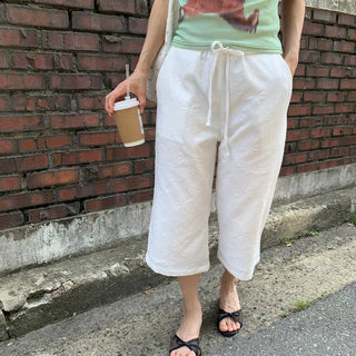 Women's Summer Cotton Pants Embroidered Pattern Straight 34 Length Crop String Pants Chinos