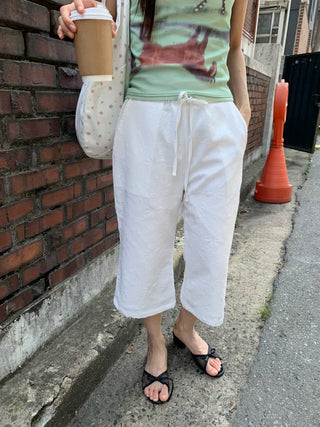 Women's Summer Cotton Pants Embroidered Pattern Straight 34 Length Crop String Pants Chinos