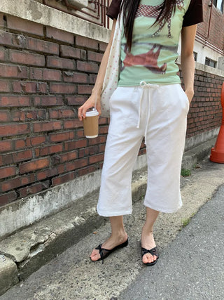 Women's Summer Cotton Pants Embroidered Pattern Straight 34 Length Crop String Pants Chinos