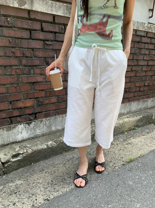 Women's Summer Cotton Pants Embroidered Pattern Straight 34 Length Crop String Pants Chinos