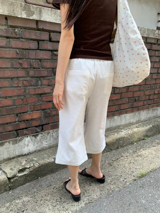 Women's Summer Cotton Pants Embroidered Pattern Straight 34 Length Crop String Pants Chinos