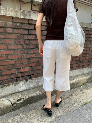 Women's Summer Cotton Pants Embroidered Pattern Straight 34 Length Crop String Pants Chinos
