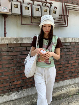 Women's Summer Cotton Pants Embroidered Pattern Straight 34 Length Crop String Pants Chinos