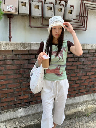Women's Summer Cotton Pants Embroidered Pattern Straight 34 Length Crop String Pants Chinos