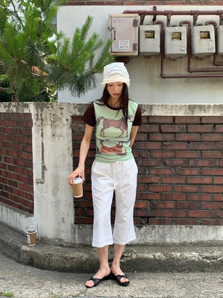 Women's Summer Cotton Pants Embroidered Pattern Straight 34 Length Crop String Pants Chinos