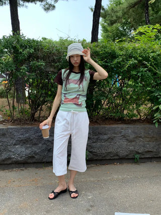 Women's Summer Cotton Pants Embroidered Pattern Straight 34 Length Crop String Pants Chinos