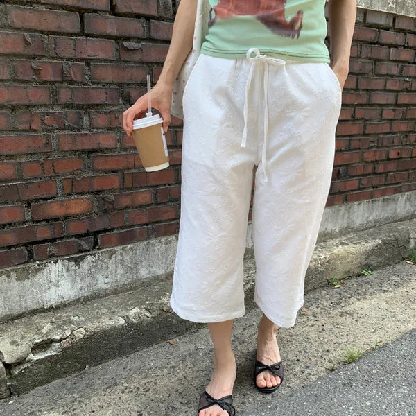 Women's Summer Cotton Pants Embroidered Pattern Straight 34 Length Crop String Pants Chinos